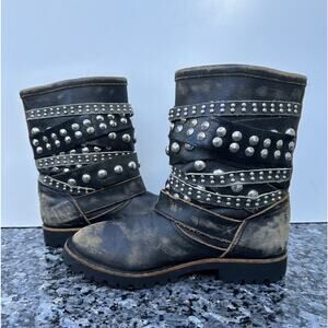 Comme des Garcons Distressed Black Leather Stud-Embellished Moto Boots